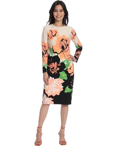 Maggy London Placement Print Matte Jersey Midi Sheath Career Office Workwear Event Occasion Guest Of - Orange
