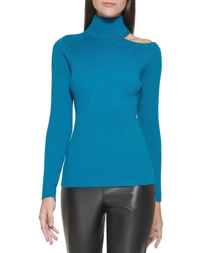 DKNY Cut-out Turtleneck Edgy Sportswear Sweater - Blue
