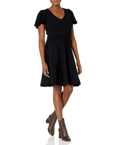 Eliza J Flutter Sleeve V-neck Fit And Flare Knit Dress - Black