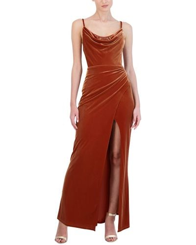 BCBGMAXAZRIA Fit And Flare Long Evening Gown Adjustable Spaghetti Strap Cowl Neck Sequin Trim Corset Dress - Red