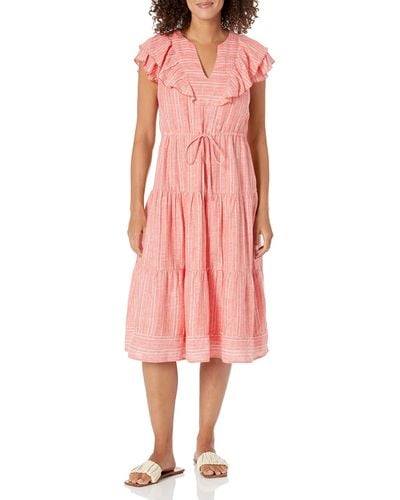 Maggy London V-neck Tiered Skirt Dress With Tie And Ruffle Details - Pink