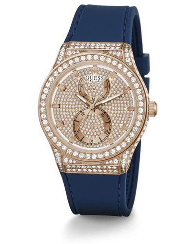 Guess Us Crystal Rose Gold-tone And Blue Silicone Multifunction Watch