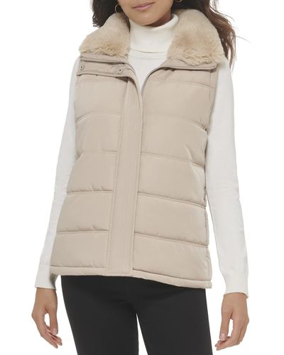 Calvin Klein Heavy Fur Collar Quilted Puffer Comfortable Vest - Natural