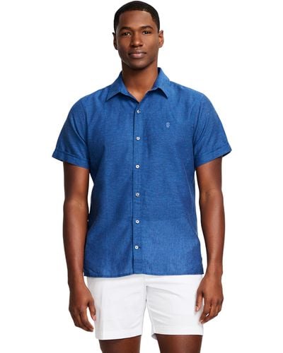 Izod Linen Button Down Short Sleeve Shirt - Blue