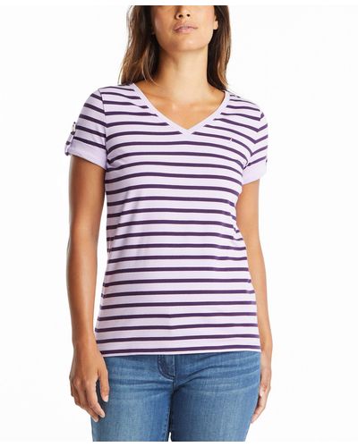 Nautica Easy Comfort V-neck Striped Supersoft Stretch Cotton T-shirt - Purple