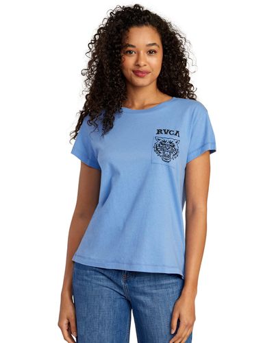 RVCA Womens Red Stitch Short Sleeve Graphic Tee T Shirt - Blue