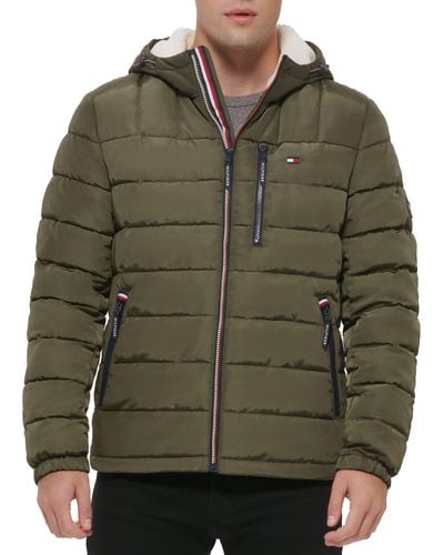 Tommy Hilfiger Midweight Sherpa Lined Hooded Water Resistant Puffer Jacket - Green