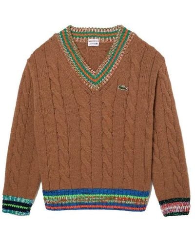 Lacoste Long Sleeve V-neck Colorblock Cableknit Sweater - Brown