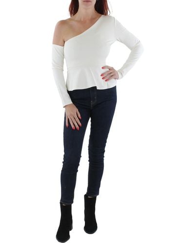 BCBGMAXAZRIA Fitted Peplum Top Long Sleeve Asymmetrical Off The Shoulder Neck Shirt - White