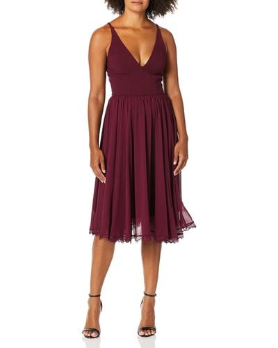 Dress the Population Womens Alicia Plunging Mix Media Sleeveless Fit And Flare Midi Bridesmaid Dress - Red
