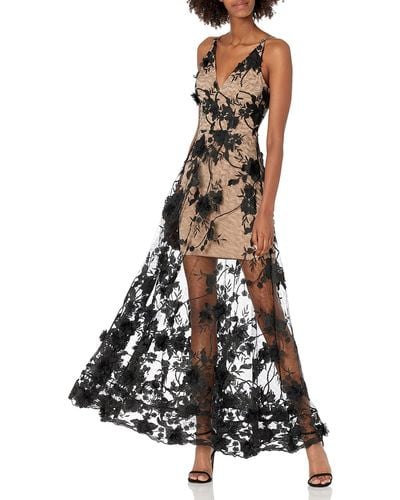Dress the Population Womens Embellished Plunging Gown Sleeveless Floral Long Dress - Black