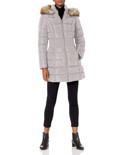 Laundry by Shelli Segal 3/4 Puffer Jacket With Zig Zag Cinched Waist And Faux Fur Trim Hood - Gray
