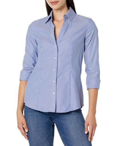 Jones New York Easy Care Y Neck Button Down Striped Shirt - Blue