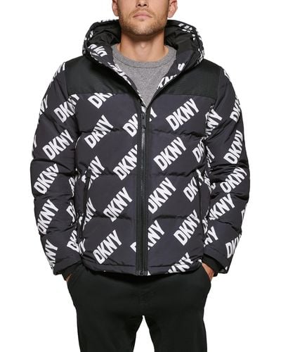 DKNY Shawn Quilted Mixed Media Hooded Puffer Jacket - Black
