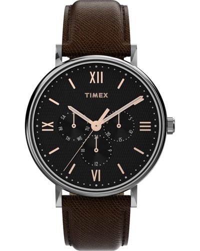 Timex Brown Strap Black Dial Silver-tone