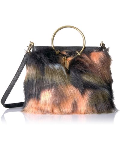 Foley + Corinna Foley + Corinna Womens Faux Fur Ring Crossbody Foldover Tote Top Handle Handbag - Black