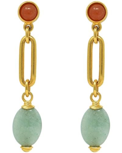 Ben-Amun Bohemian Chain Link Tear Drop Post 24k Gold Plated Earrings With Colorful Stone - Green