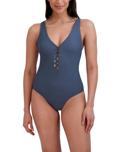 BCBGMAXAZRIA Standard One Piece Swimsuit Lace Up Grommet Tummy Control Quick Dry Bathing Suit - Blue