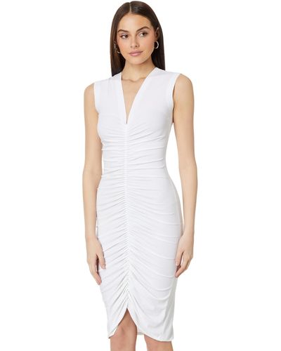 Norma Kamali Sleeveless Deep V Neck Shirred Front Dress To Knee - White