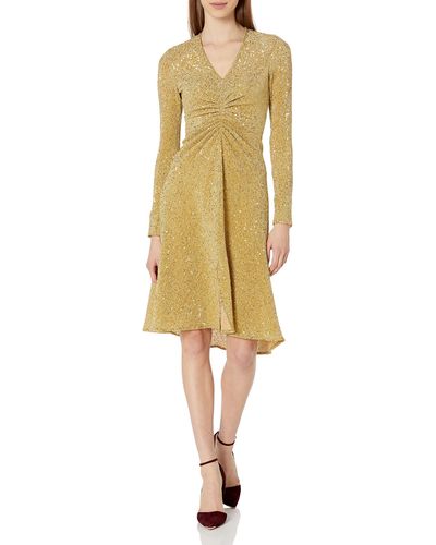Donna Morgan Stretch Textured Metallic Knit Side Ruched Dress - Yellow