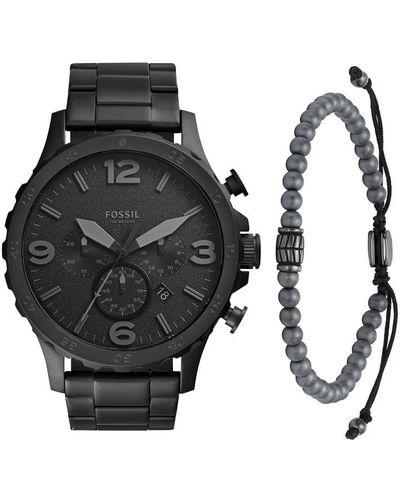 Fossil Nate Quartz Stainless Steel Chronograph Watch Beaded Hematite Bracelet - Black