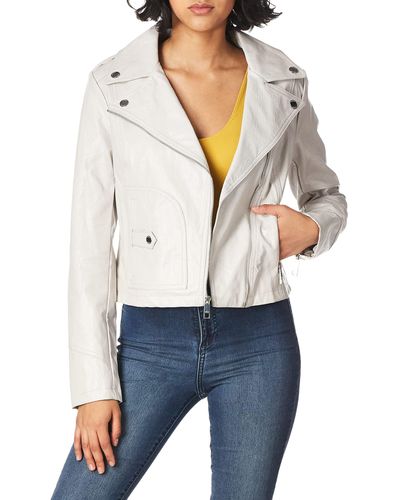 Guess Faux Leather Moto Jacket With Snake Embossed Print - White