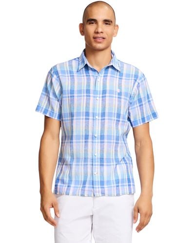 Izod Short Sleeve Madras Button Down Shirt - Blue