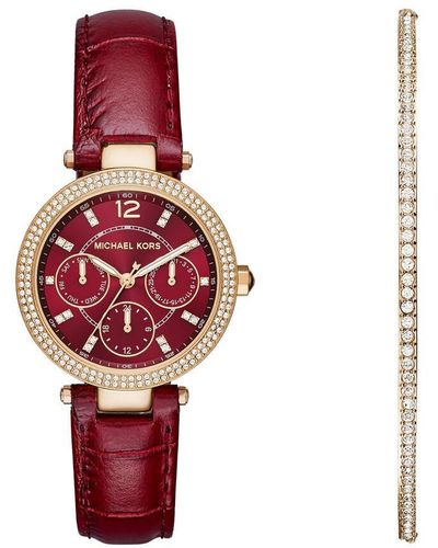 Michael Kors S Mini Parker Stainless Steel Multifunction Watch Quartz Leather Fashion-watches - Red