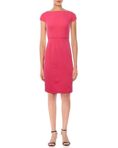 Donna Morgan Petite Short Sleeve Tie Portrait Collar Fit And Flare Stretch Crepe Dress - Pink