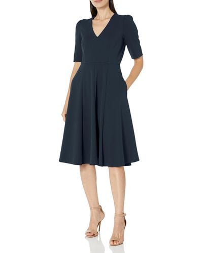 Donna Morgan Stretch Crepe Elbow Sleeve V-neck Fit And Flare Midi Dress - Blue