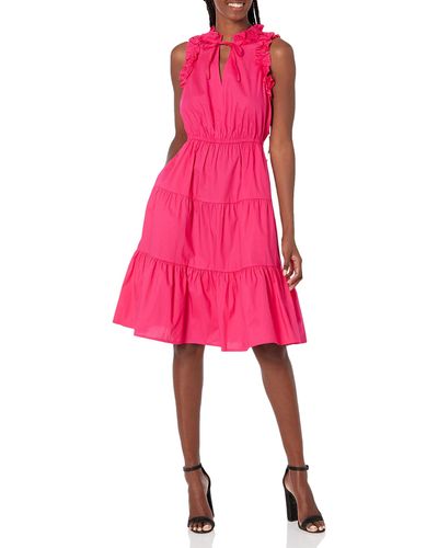 Maggy London Womens V-neck Tiered Skirt With Tie And Ruffle Details Dress - Pink