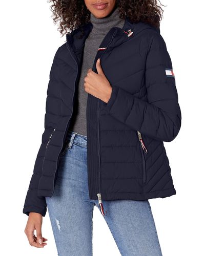 Tommy Hilfiger Puffer Lightweight Hooded Jacket With Drawstring Packing Bag - Blue