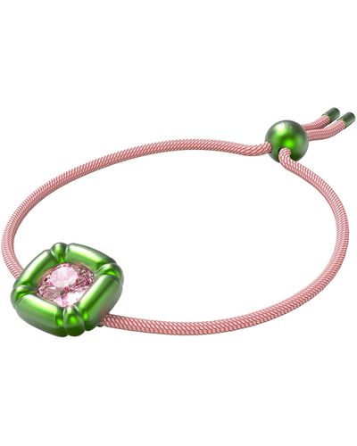 Swarovski Dulcis Soft Bracelet With Pink Crystal In Green Molded Setting On Pink Braided Cord
