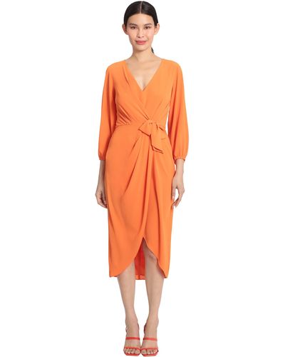 Maggy London Long Sleeve V-neck Faux Wrap Crepe Dress Event Party Occasion Guest Of - Orange