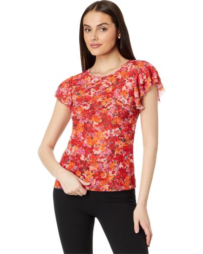 Vince Camuto Crew Neck Blouse W Ruffle Sleeves - Red