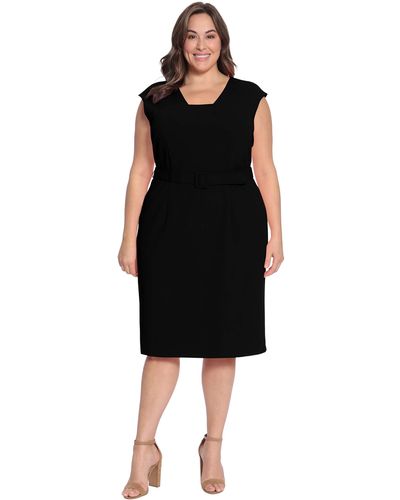 Maggy London Plus Size Square Neck Cap Sleeve Belted Dress With Pencil Skirt - Black