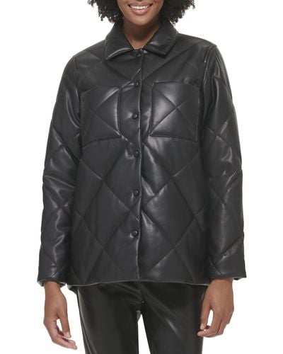 Calvin Klein Faux Leather Button Front Quilted Jacket - Black