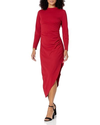 Anne Klein Asymmetrical Hem Ruched Midi Dress - Red