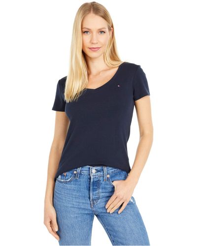 Tommy Hilfiger Short Sleeve Tops-cotton Shirts V-neckline And Logo Detail T - Blue