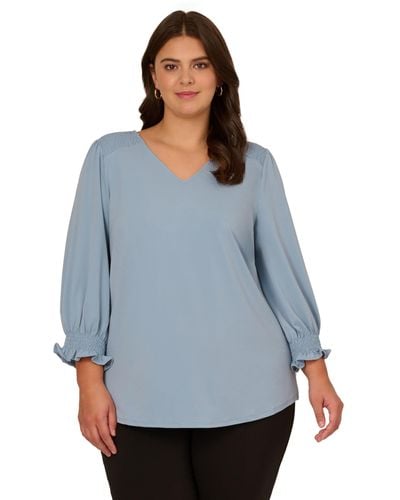 Adrianna Papell Plus Size 3/4 Smocked Sleeve Solid Top - Blue