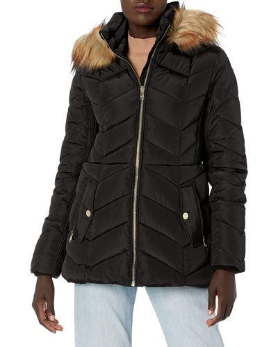 London Fog Short Puffer Jacket With Detachable Faux Fur Hood - Black
