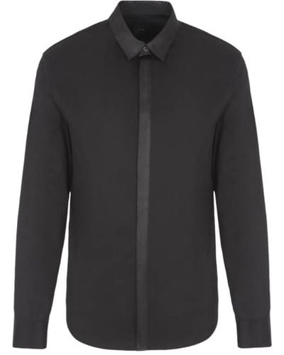 Emporio Armani A | X Armani Exchange Regular Fit Stretch Cotton Satin Logo Placket Button Down Woven Shirt - Black