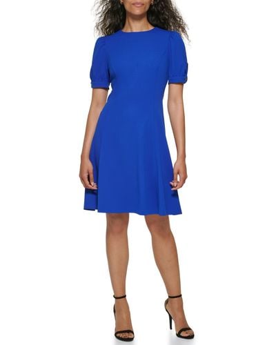 DKNY Short Sleeve Fit And Flare Jewel Neck Dress - Blue