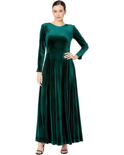 Tahari Long Sleeve V-back Velvet Gown - Green