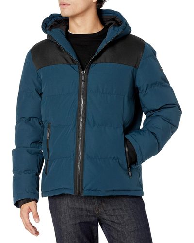 DKNY Shawn Quilted Mixed Media Hooded Puffer Jacket - Blue