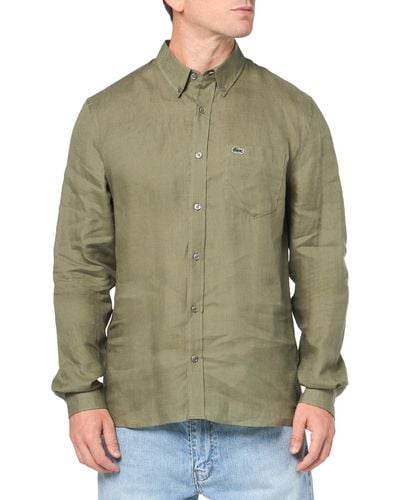 Lacoste Long Sleeve Regular Fit Linen Casual Button Down Shirt W/front Pocket - Green