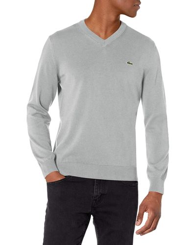 Lacoste Long Sleeve Solid V-neck Sweater - Gray