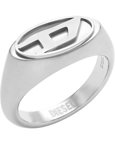 DIESEL Silver Stainless Steel Logo Signet Ring - Metallic