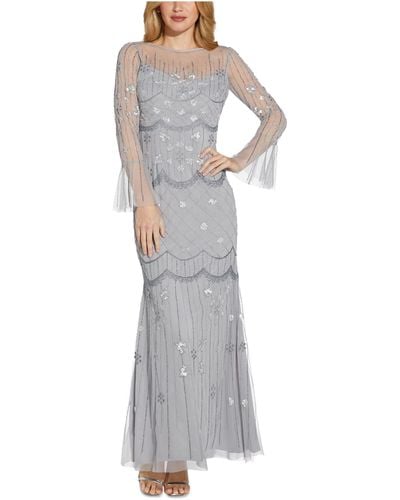 Adrianna Papell Beaded Mesh Covered Dress - Gray