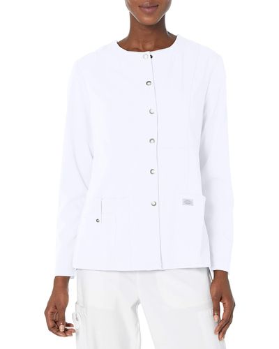 Dickies Cherokee Womens Xtreme Stretch Crew Neck Snap Front Warm-up Medical Scrubs Jacket - White